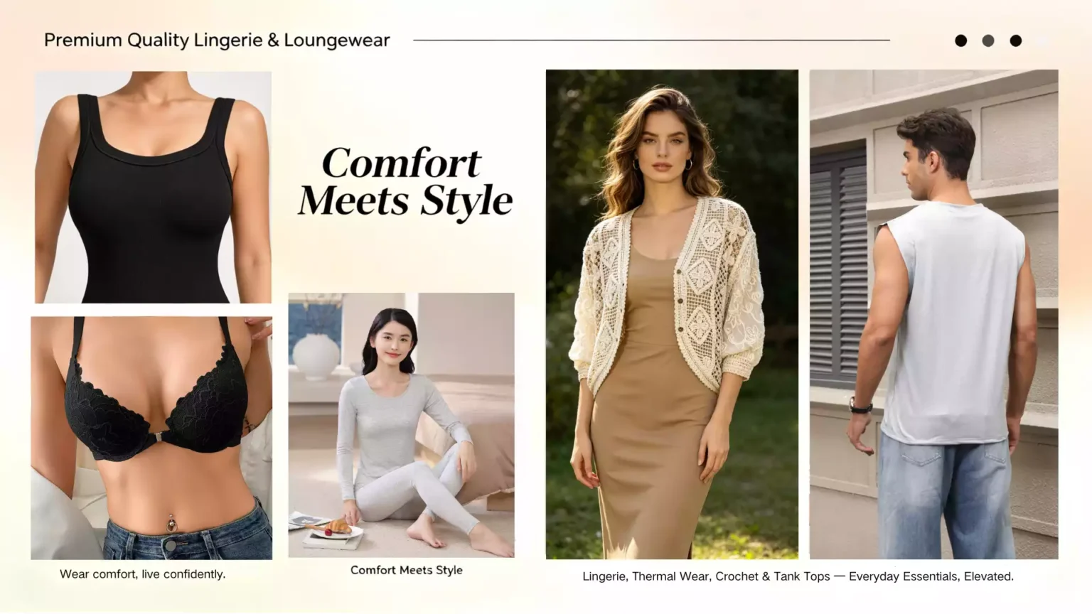 A comprehensive brand banner for premium lingerie and loungewear, showcasing a black tank top, a black lace bra, a women's grey thermal wear set, a beige crochet vest over a dress, and a men's grey sleeveless top.