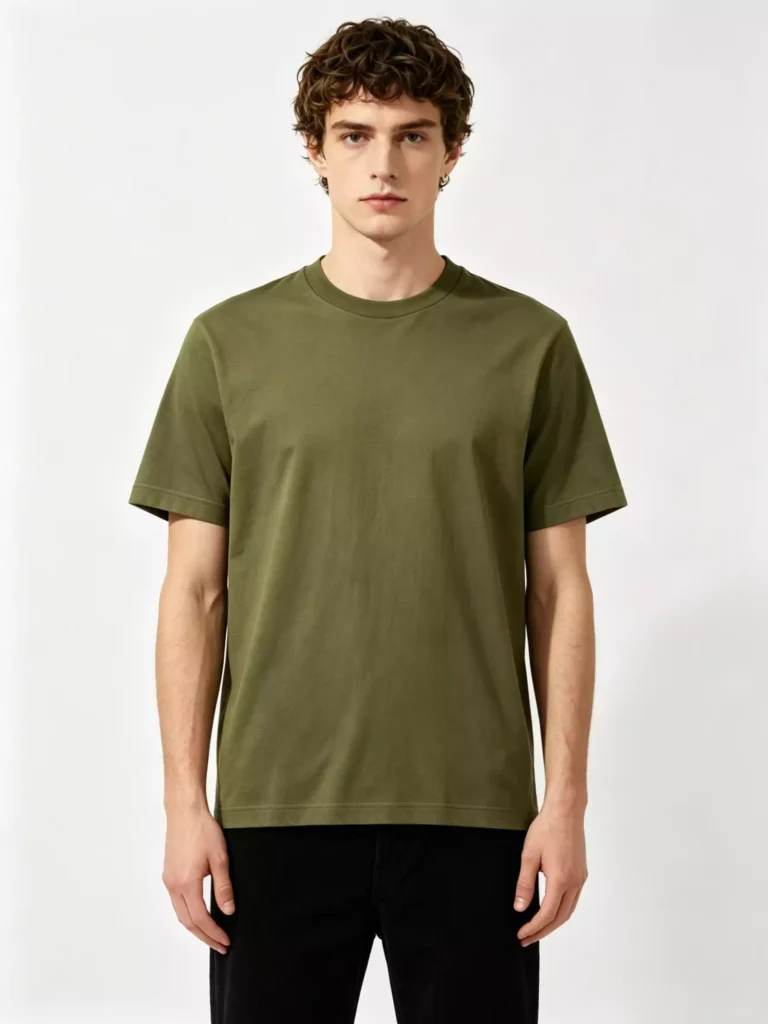 Front view of a male model wearing an olive green crew-neck T-shirt, highlighting the slim-fit silhouette and premium cotton fabric against a neutral studio background.