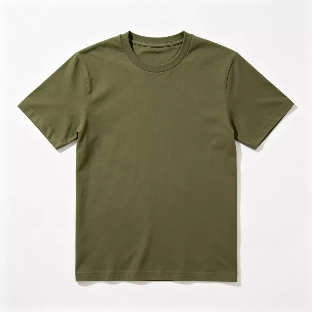 Flat lay of a premium olive green men's crew-neck T-shirt on a clean white background, showcasing the classic short-sleeve cut and minimalist design