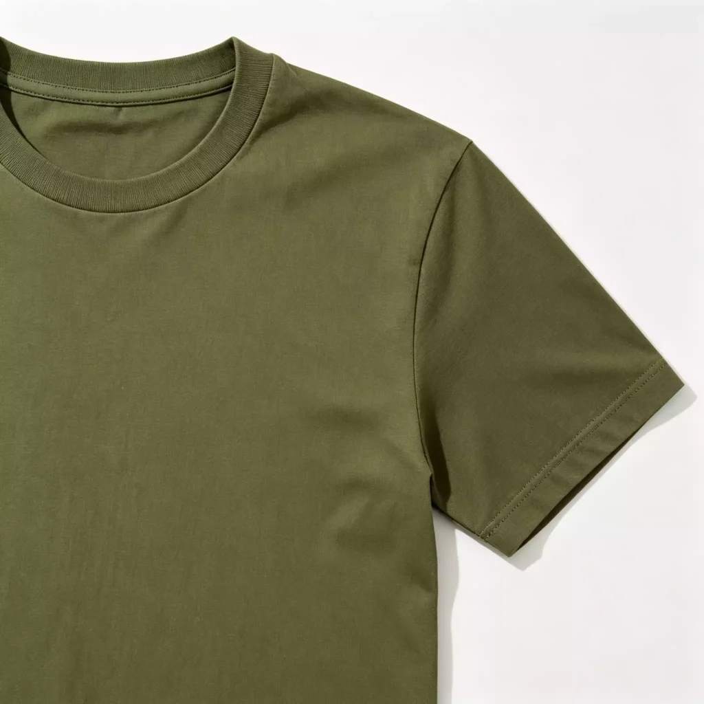 Close-up view of the ribbed neckline and sleeve stitching on a premium olive green men's crew-neck T-shirt, highlighting the smooth cotton fabric texture. (