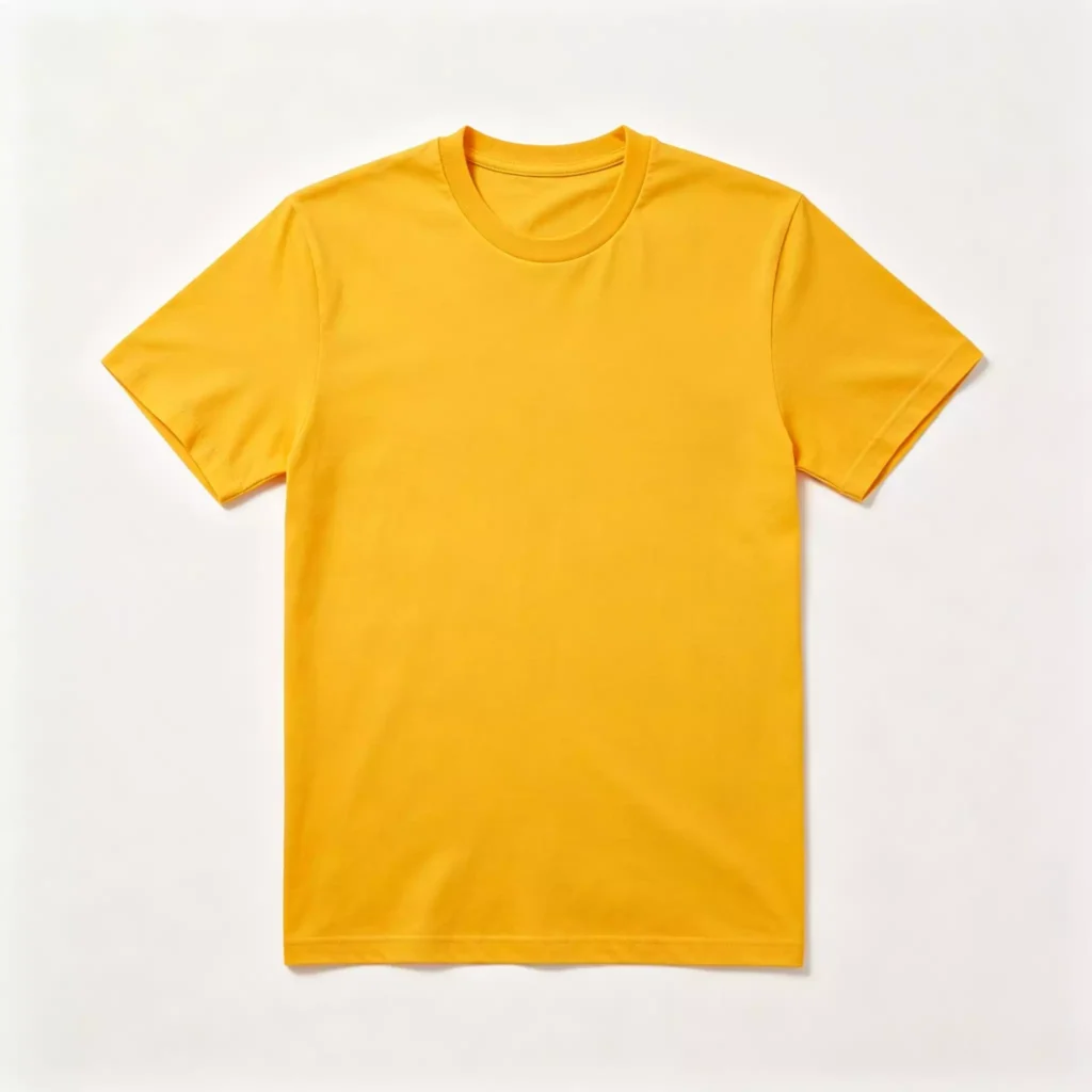 Flat lay of a vibrant yellow men's crew-neck T-shirt on a neutral background, showcasing its classic cut, short sleeves, and smooth fabric quality.