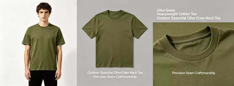 A comprehensive product view of a premium olive green heavyweight cotton crew-neck T-shirt, showcasing the model, flat lay, and close-up of the precision seam craftsmanship.