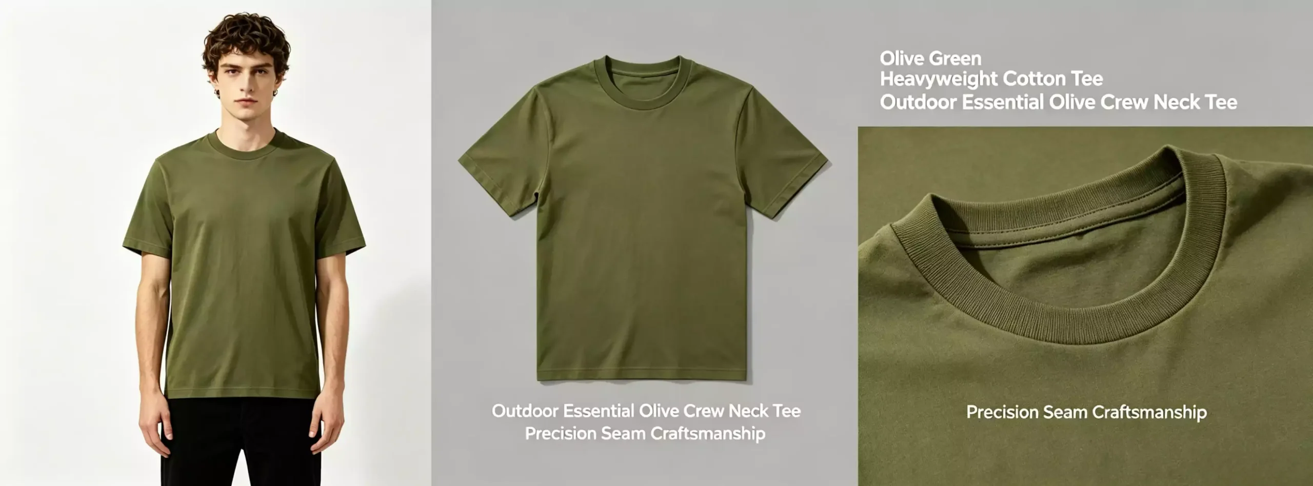 A comprehensive product view of a premium olive green heavyweight cotton crew-neck T-shirt, showcasing the model, flat lay, and close-up of the precision seam craftsmanship.
