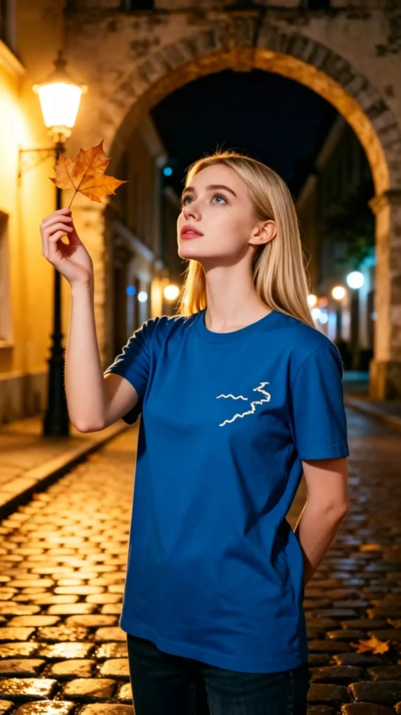 A blonde female model wearing a blue crew-neck t-shirt with an abstract line graphic, holding a fallen leaf, standing on an old European street.