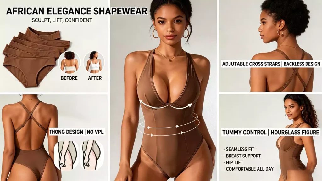 A promotional banner for African elegance shapewear, showcasing a Black woman in a brown sculpting bodysuit from multiple angles, highlighting tummy control, an adjustable cross-strap backless design, and a thong back.
