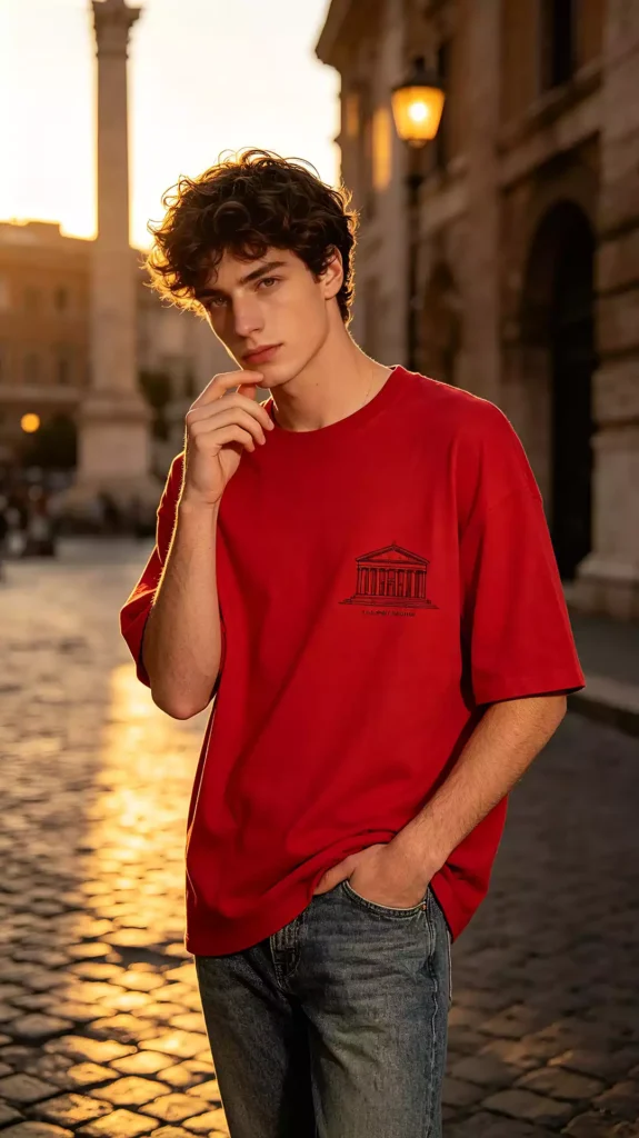 A curly-haired male model wearing a red crew-neck t-shirt with an ancient architecture print, standing on a European old town street at sunset.