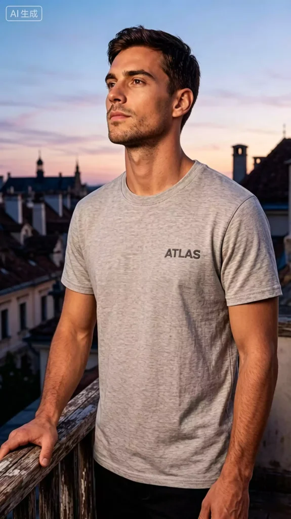 A man wearing a grey t-shirt with an "ATLAS" logo, looking out over the city from a terrace at sunset.