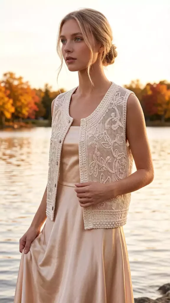 A model posing by a lakeside during an autumn sunset, wearing a white floral crochet vest and a silk maxi skirt, showcasing an elegant resort-wear style.