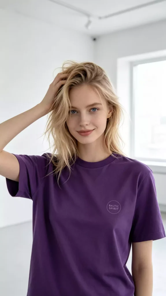 A blonde female model wearing a purple crew-neck t-shirt with a "BALTIC SPIRIT" circular logo, touching her hair with a natural expression.