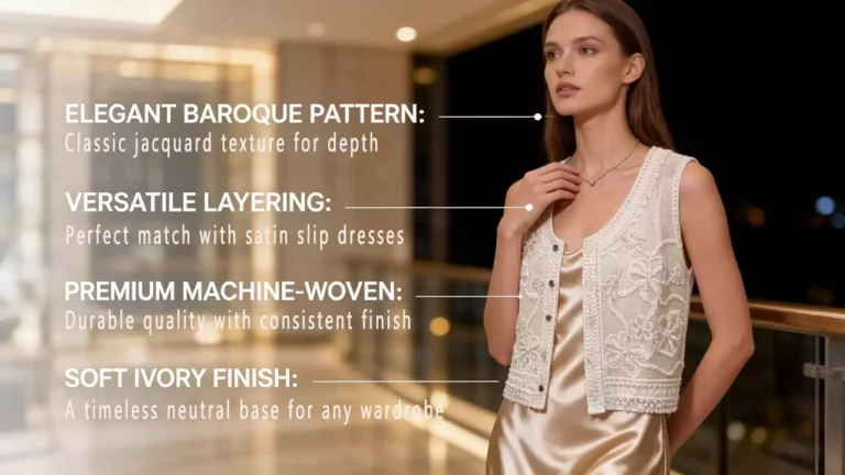 An infographic-style promotional image featuring a model wearing a Baroque floral lace vest, with callouts for machine-woven quality, layering versatility, and soft ivory finish.