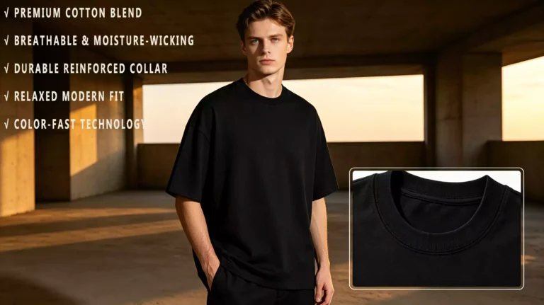 Model wearing a black crew-neck t-shirt, with key features listed on the left and a close-up of the collar detail on the bottom right.