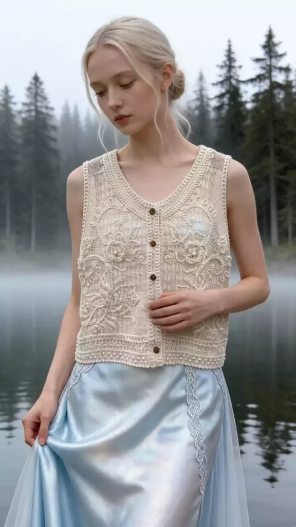 A woman with blonde hair in a low bun wears a cream embroidered sleeveless vest and a light blue silky skirt with lace trim, standing by a misty lake with pine trees in the background.