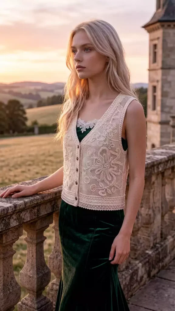 A blonde woman in a cream embroidered vest over a green lace top and a dark green velvet skirt stands on a stone balcony, looking out at a golden sunset over rolling hills next to an old stone building.