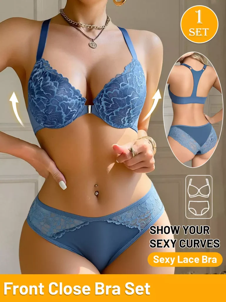 A model wearing a blue front-closure lace bra and panty set, highlighting a curve-enhancing design and racerback style.