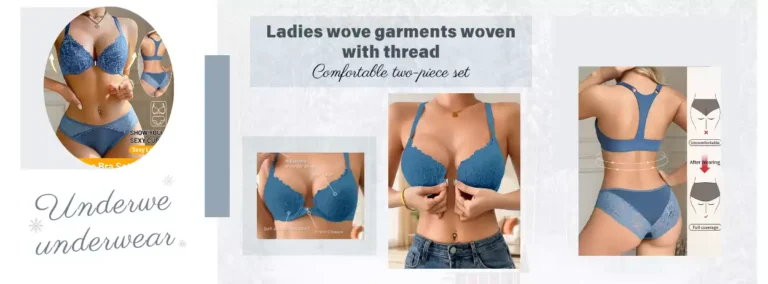 A feature infographic of a blue front-closure lace bra and panty set, showing the racerback design, front clasp, and comfortable fit.
