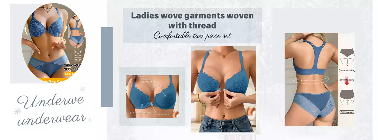 A feature infographic of a blue front-closure lace bra and panty set, showing the racerback design, front clasp, and comfortable fit.