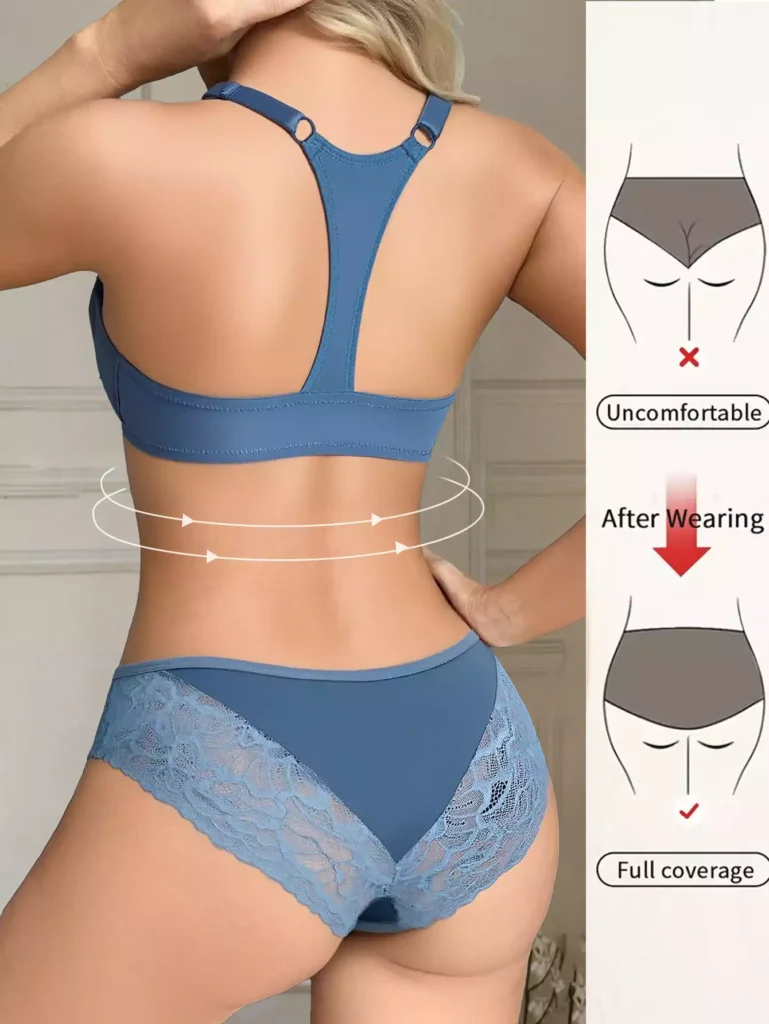 Back view of a blue lace lingerie set showing a racerback bra and full coverage panties for a comfortable fit.