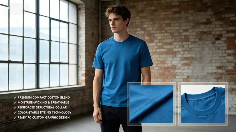 A model wearing a blue crew-neck t-shirt, with product benefits listed on the left and close-ups of fabric stitching and collar details on the right.