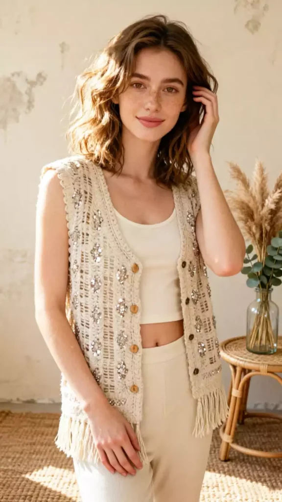 A model wearing a beige buttoned crochet vest with fringe detail, paired with a matching tank top in a natural, minimalist indoor setting.