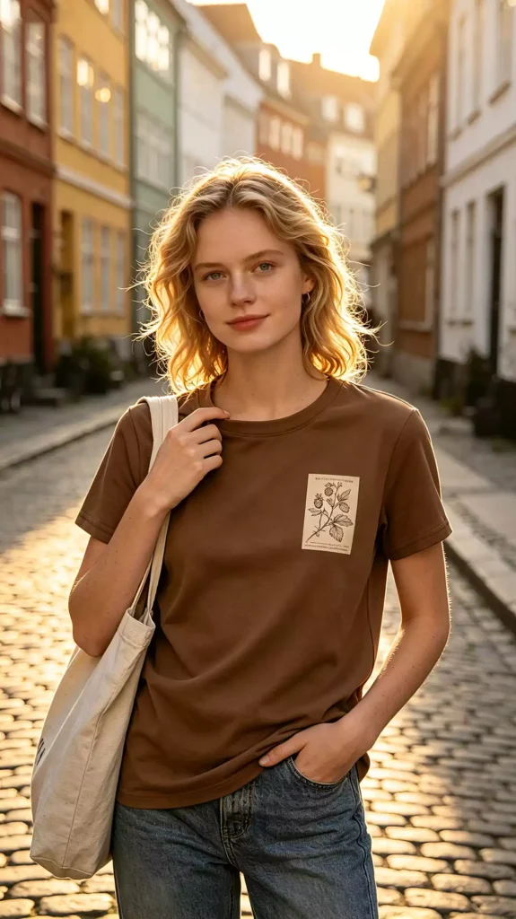 A young blonde female model wearing a brown crew-neck t-shirt with a botanical illustration label, carrying a canvas tote bag, standing on a sunlit European cobblestone street.