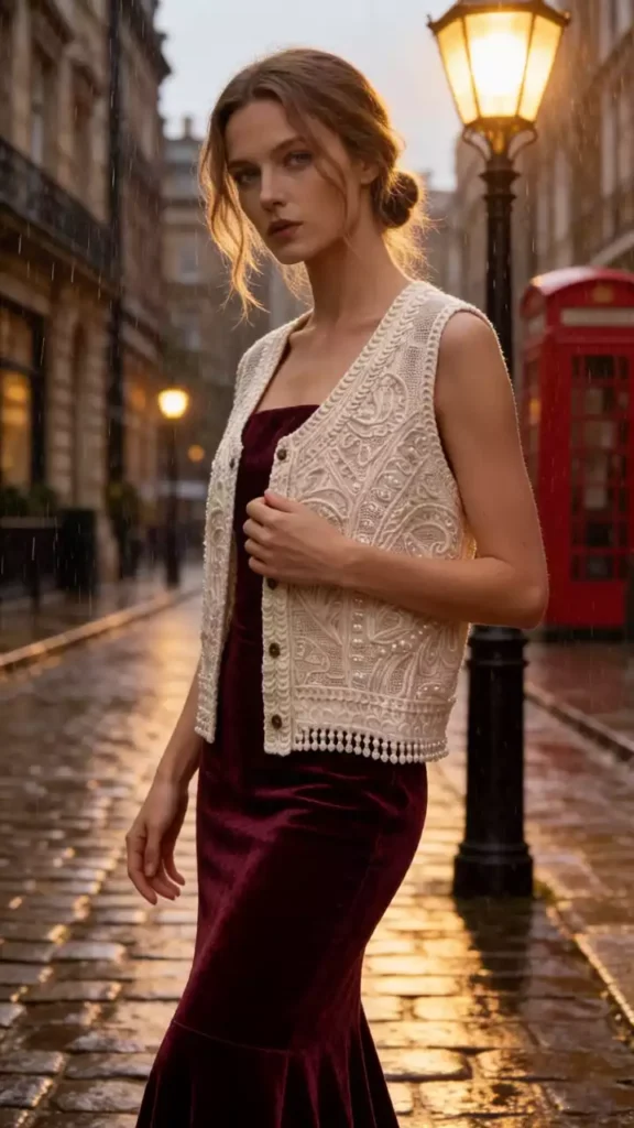 A model wearing a pearl-adorned crochet vest and a deep red velvet dress, posing on a British-style cobblestone street with a red telephone booth in the background.