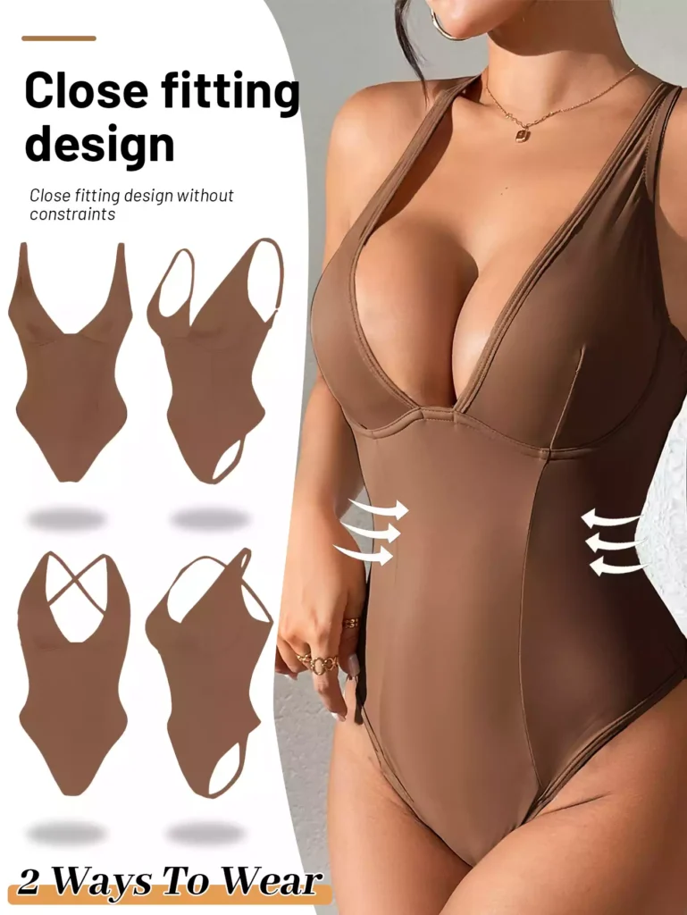 A model wearing a close-fitting brown bodysuit, with a side graphic illustrating two ways to wear the straps: parallel or crossed, highlighting the slimming fit.