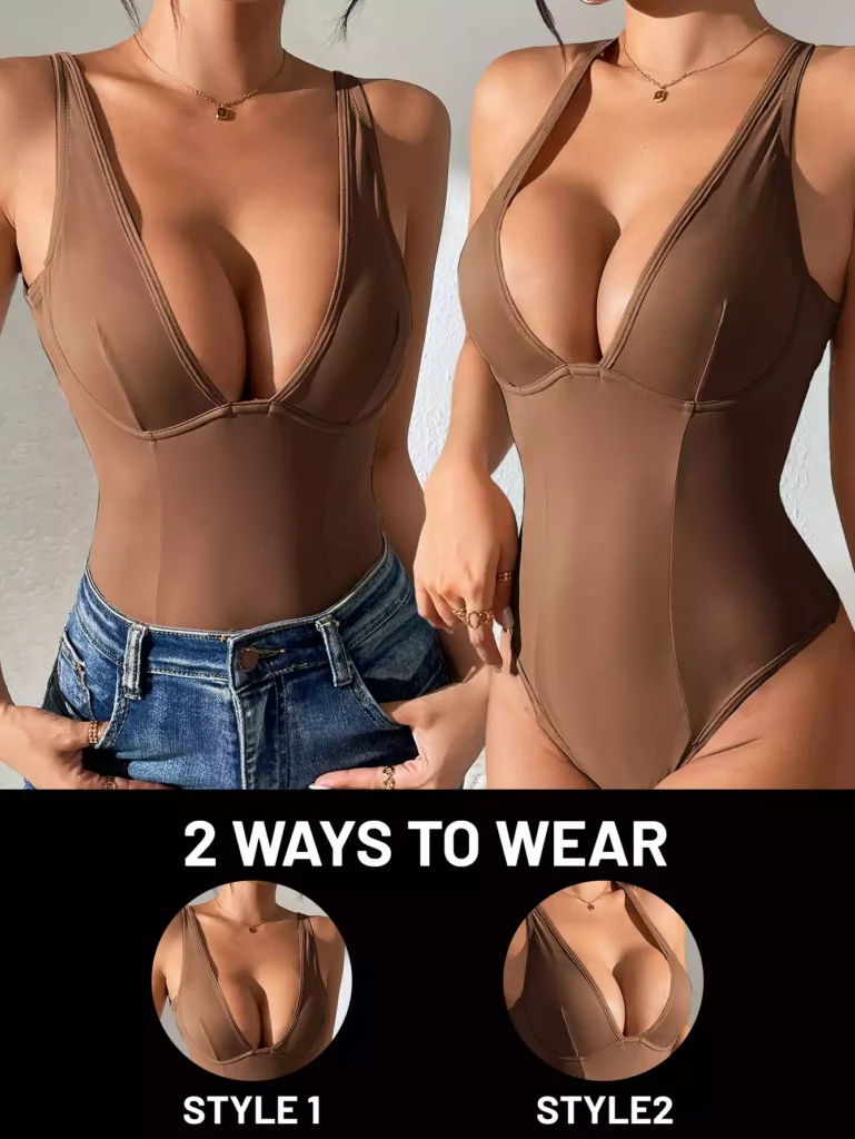 A model wearing a brown bodysuit in two different styles, showcasing how the neckline can be adjusted to create two unique looks, labeled as Style 1 and Style 2.