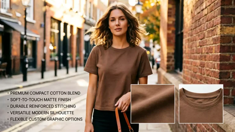 A female model wearing a brown crew-neck t-shirt, with five product benefits listed on the left and close-ups of the fabric texture and collar stitching on the right.