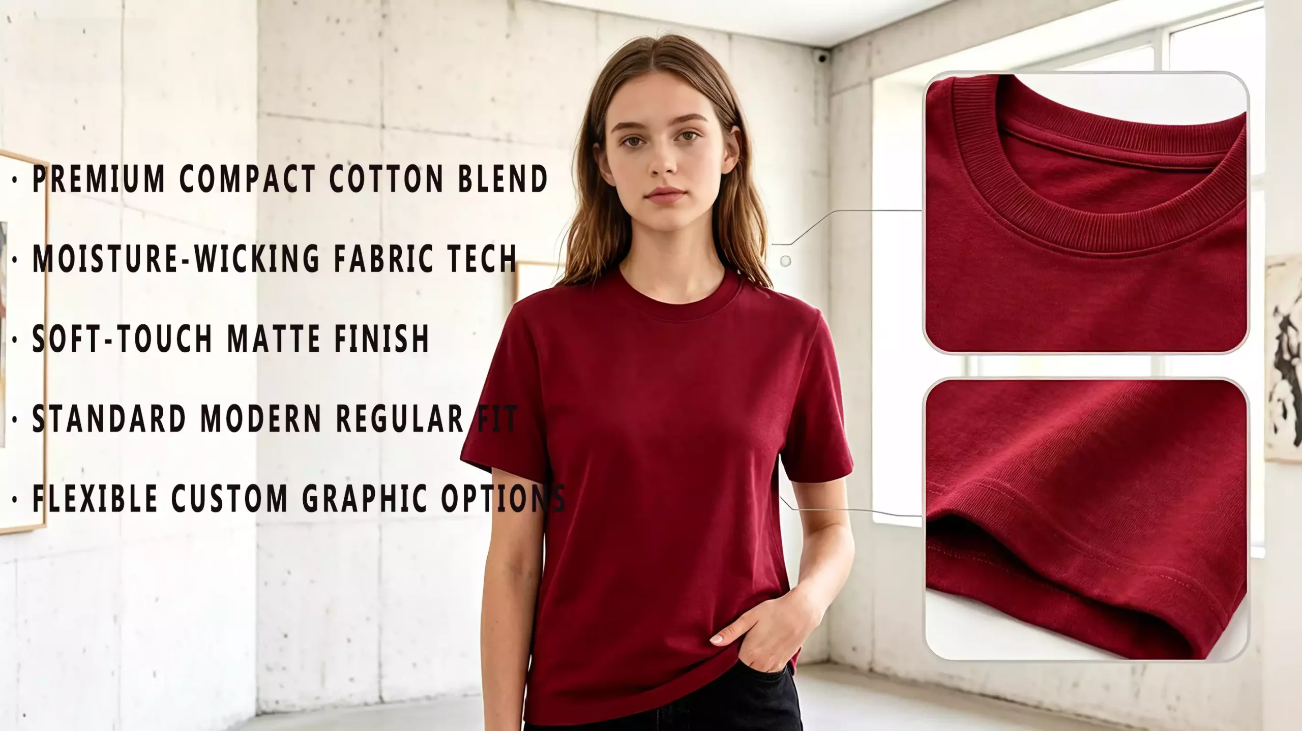 A female model wearing a burgundy crew-neck t-shirt, with product benefits listed on the left and close-ups of the collar and fabric stitching on the right.