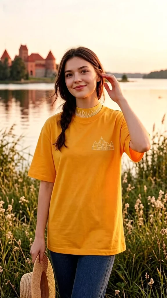 A smiling young female model wearing a yellow crew-neck t-shirt with a castle line-art print, standing on a lakeside meadow holding a straw hat.