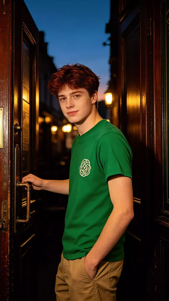 A redhead male model wearing a green crew-neck t-shirt with a woven graphic print, standing in front of an antique wooden door with warm evening lighting in the background.