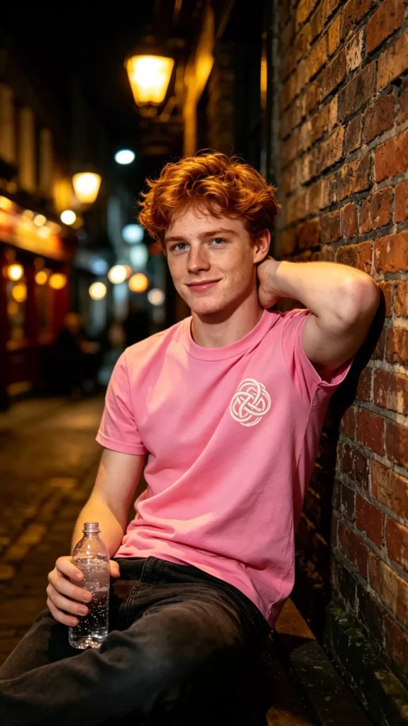 A redhead male model wearing a pink crew-neck t-shirt with a woven graphic print, sitting by a brick wall, holding a water bottle, with an evening street scene in the background.