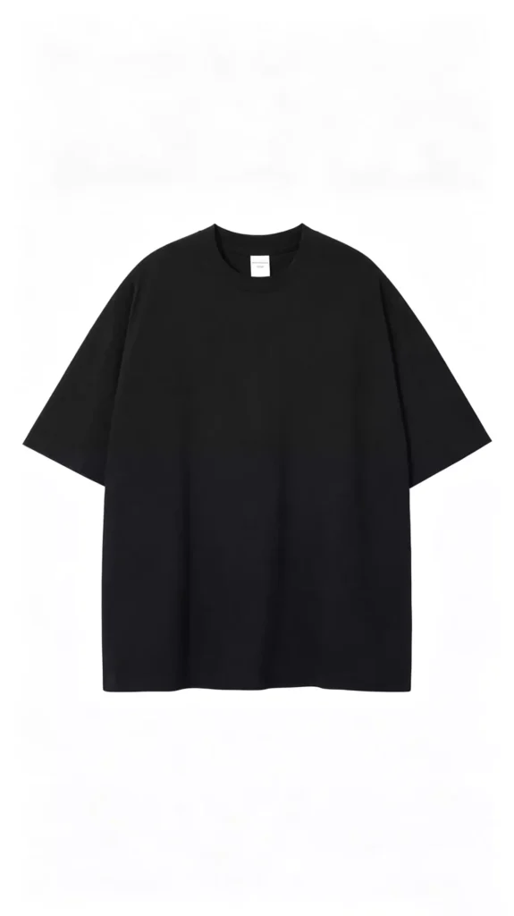 A plain black crew neck short-sleeve t-shirt displayed flat.