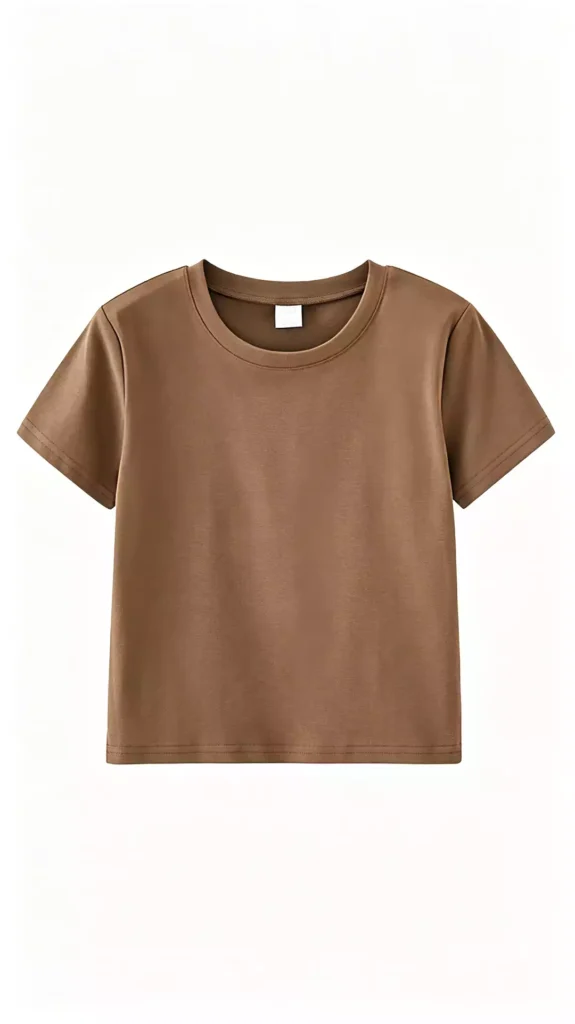 A plain brown crew-neck short-sleeve t-shirt displayed flat.