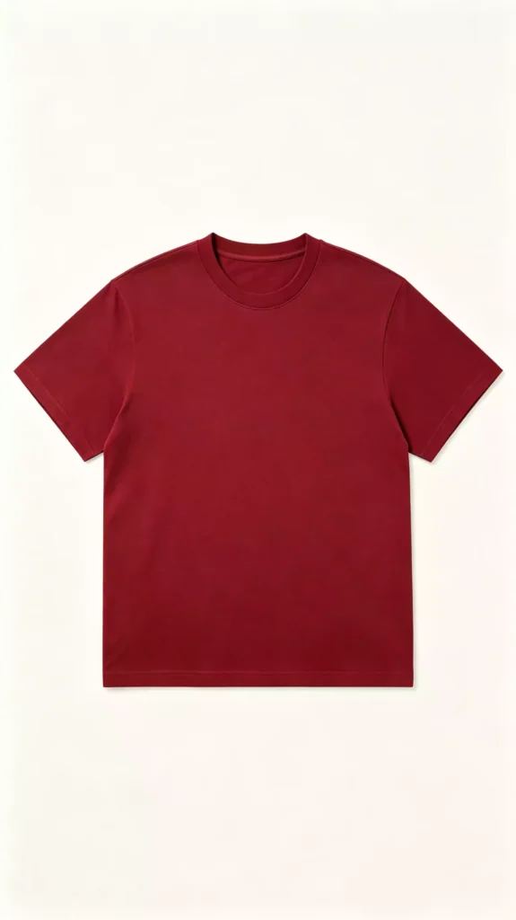 A plain burgundy crew-neck short-sleeve t-shirt displayed flat.