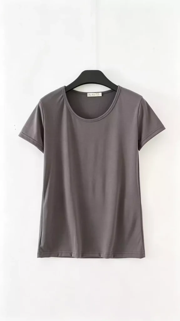 A plain dark grey crew-neck short-sleeve t-shirt displayed on a hanger.