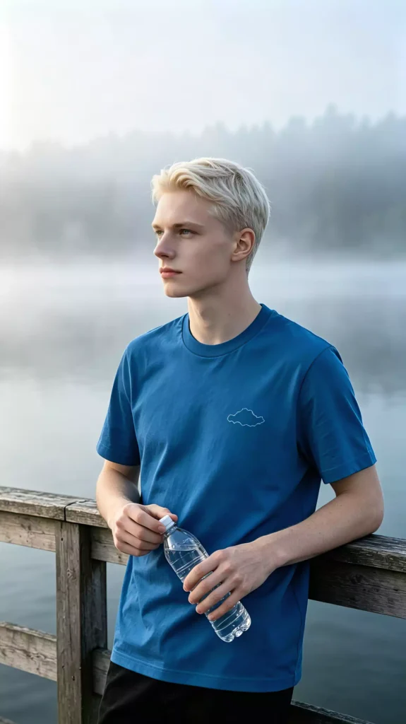 A blonde male model wearing a blue crew-neck t-shirt with a cloud print, holding a water bottle while standing on a wooden pier by a misty lake.