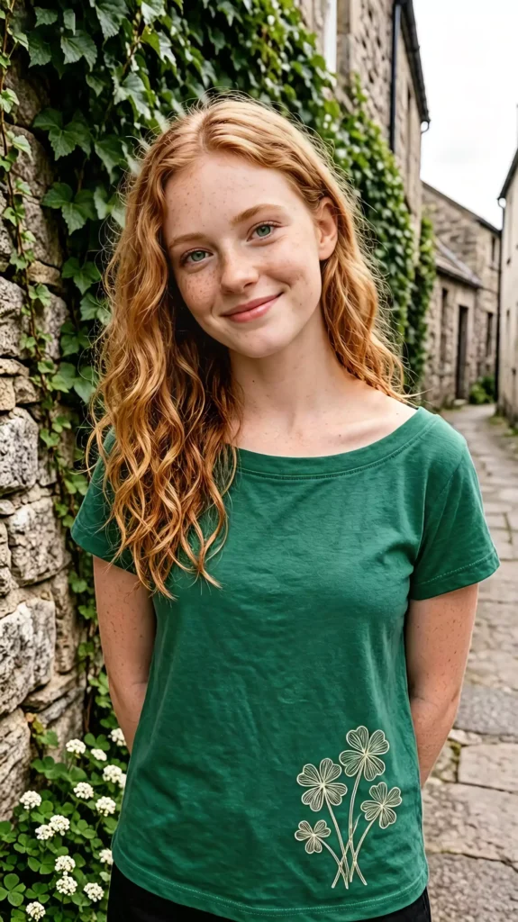 A red-haired female model with freckles wearing a green crew-neck t-shirt with a clover print, standing next to an old stone wall and greenery.