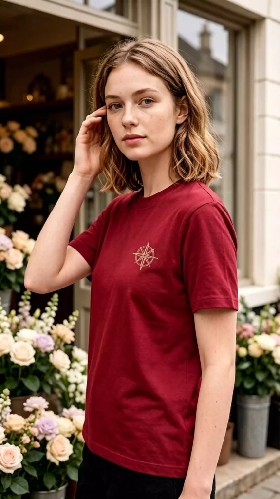 A young female model wearing a burgundy crew-neck t-shirt with a compass logo, standing in front of a flower shop surrounded by blossoms, looking natural.