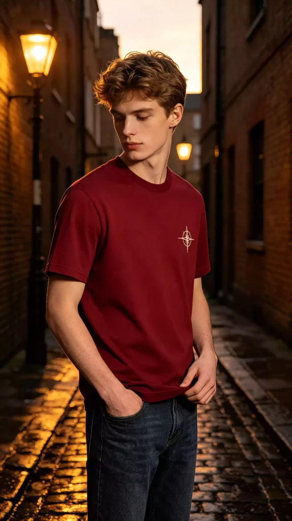 A blonde male model wearing a burgundy crew-neck t-shirt with a compass print, standing in a cobblestone alleyway under warm street lights.