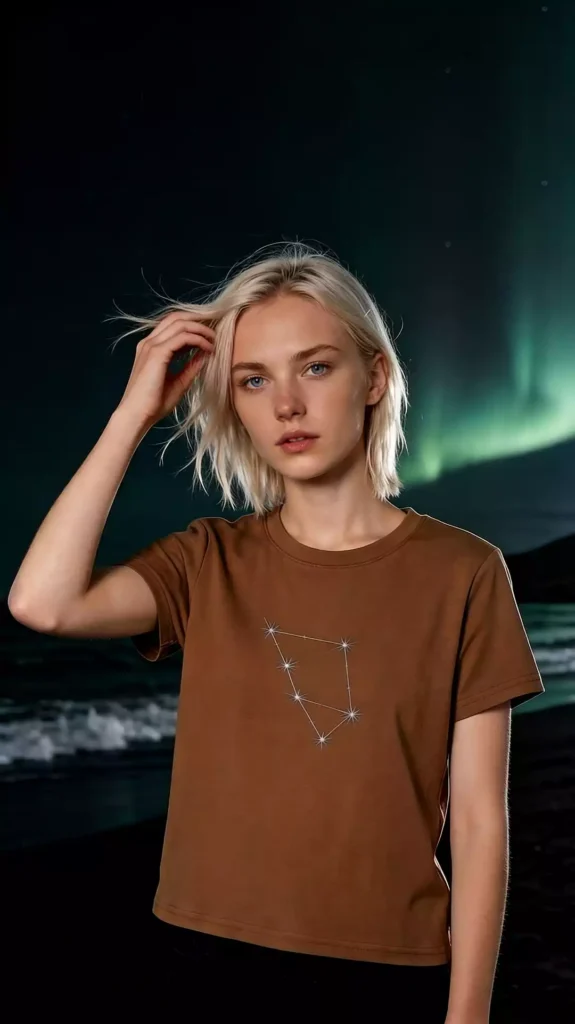 A blonde female model wearing a brown crew-neck t-shirt with a constellation print, standing by the sea under the Northern Lights, looking focused.