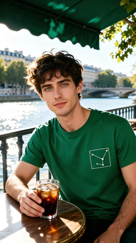 A curly-haired male model wearing a green crew-neck t-shirt with a geometric constellation print, sitting at a cafe table by the river, holding a glass of iced drink.