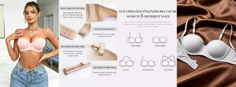 Educational infographic demonstrating 5 ways to wear a convertible strapless bra, including traditional, halter, and racerback styles for versatile fashion.