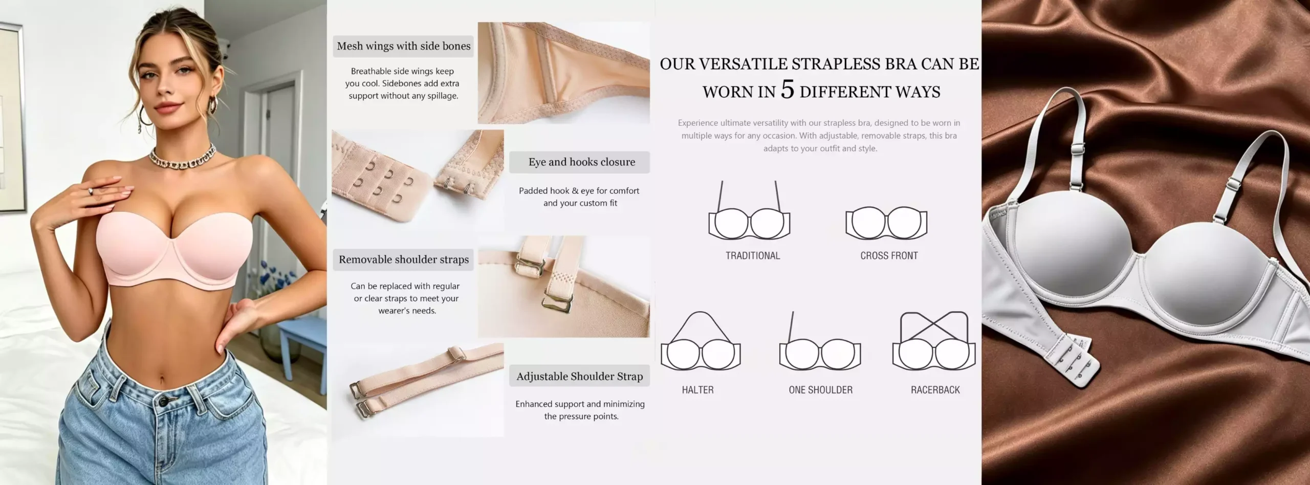 Educational infographic demonstrating 5 ways to wear a convertible strapless bra, including traditional, halter, and racerback styles for versatile fashion.