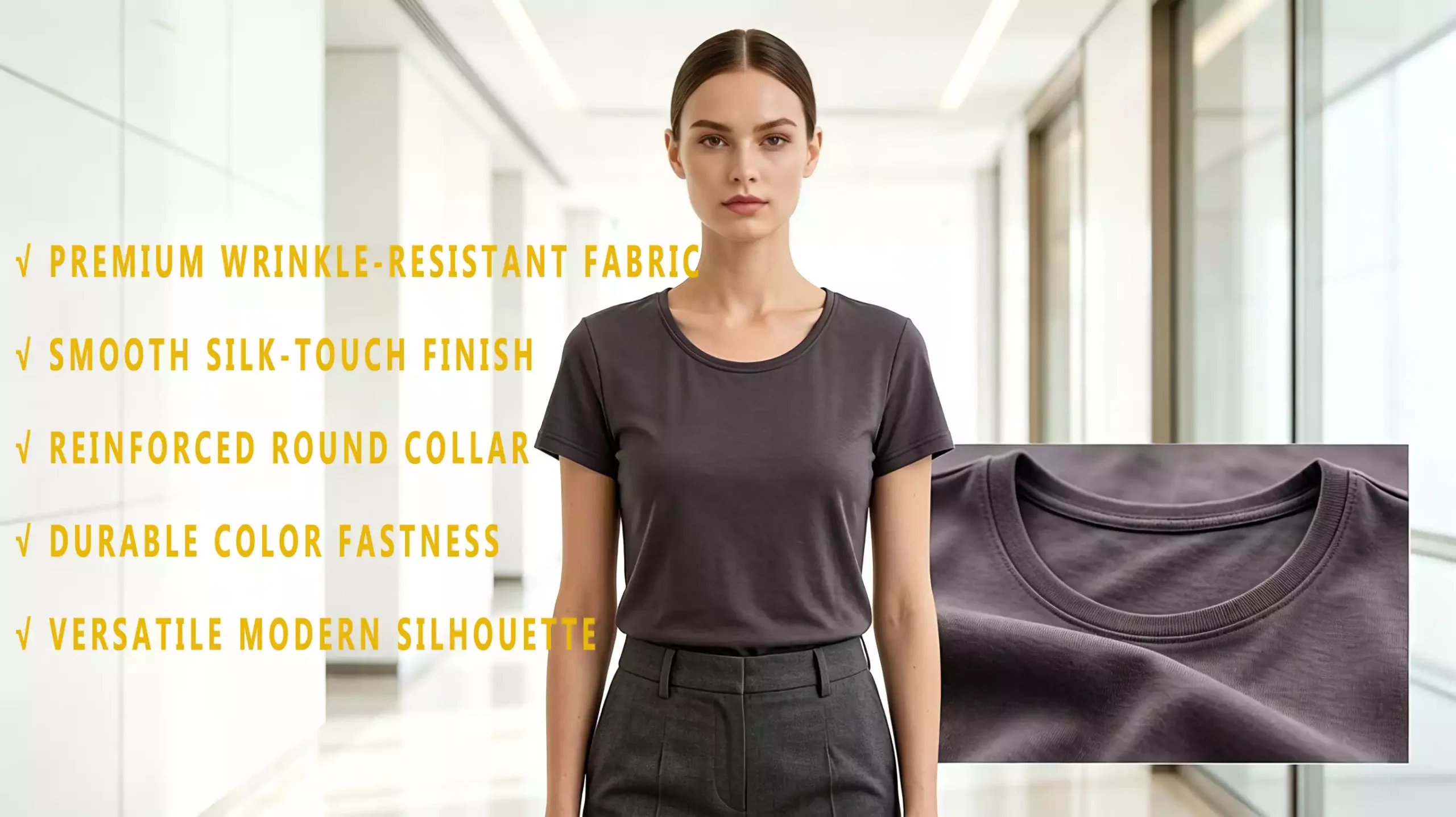 A female model wearing a dark grey crew-neck t-shirt, with five core product features like wrinkle-resistance and silk-touch finish listed on the left, and a close-up of the collar detail on the bottom right.