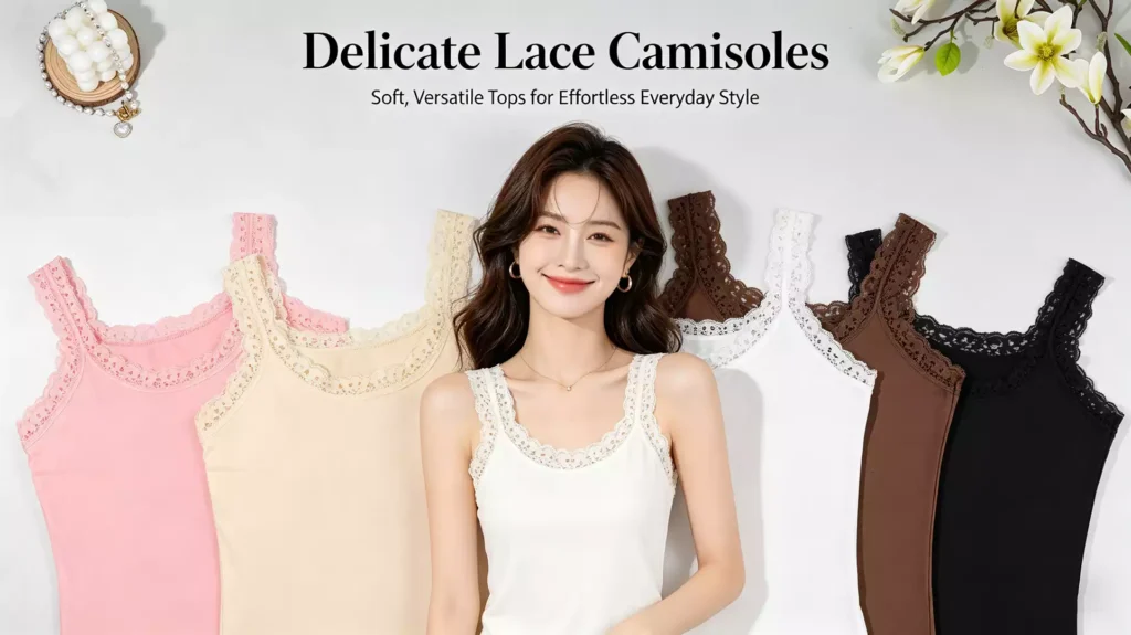 A promotional banner for delicate lace camisoles, featuring a smiling woman wearing a white lace-trimmed top, flanked by a fan display of the same top in pink, cream, brown, and black.