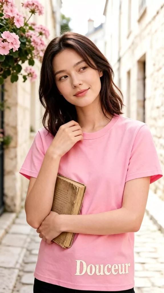 An elegant female model wearing a pink crew-neck t-shirt with "Douceur" text, holding an old book on a charming European-style street.