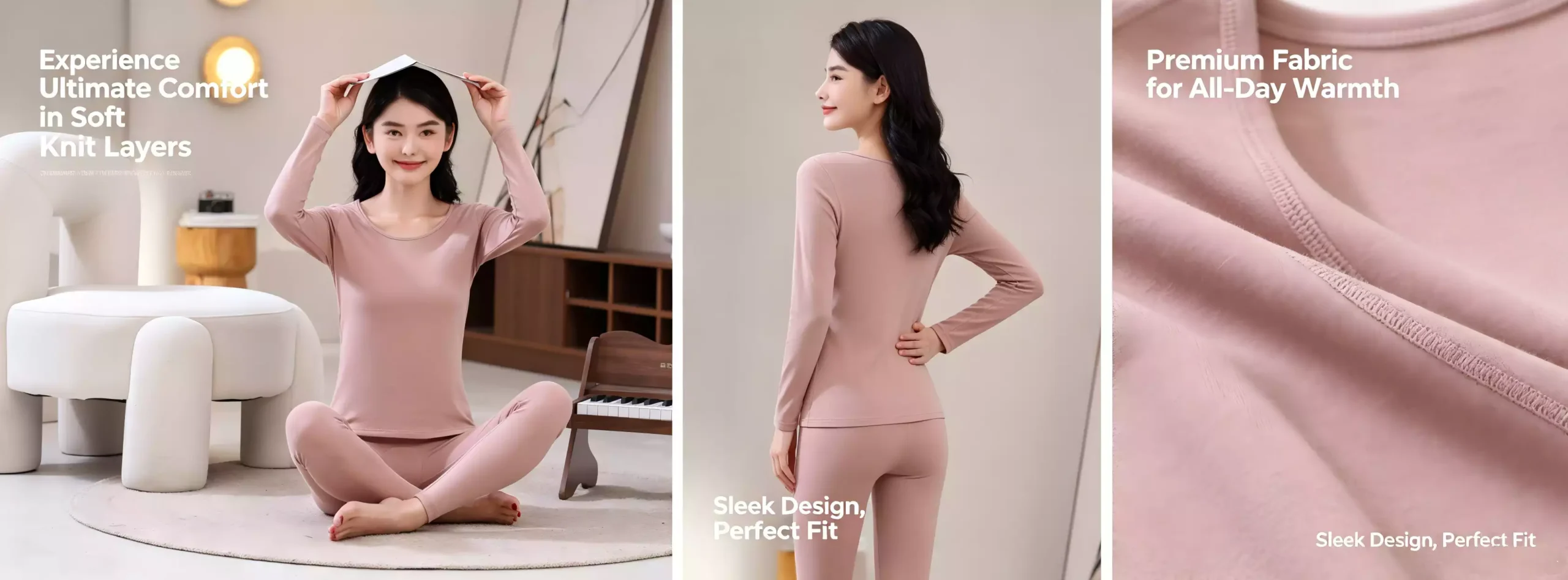A comprehensive product view of a dusty pink women's thermal underwear set, showcasing a seated model, a sleek back-view, and a close-up of the premium, ultra-soft knit fabric.