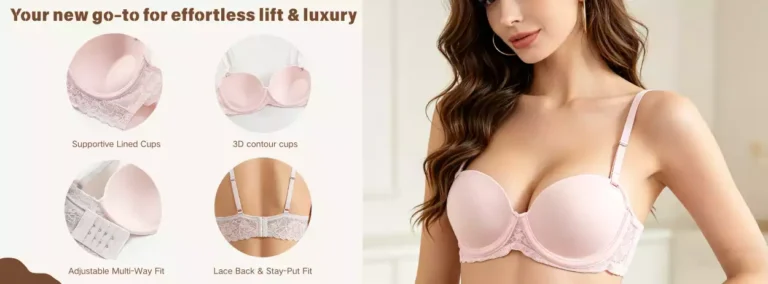 A model wearing a pink lace strapless bra, featuring supportive lined cups, 3D contour design, adjustable multi-way fit, and a lace back for a luxury feel.