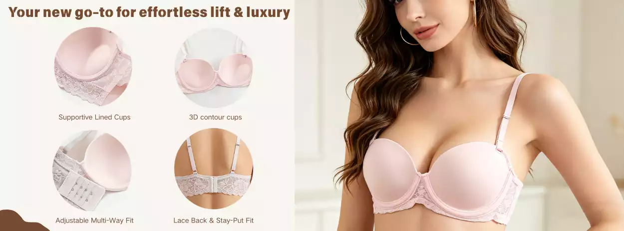 A model wearing a pink lace strapless bra, featuring supportive lined cups, 3D contour design, adjustable multi-way fit, and a lace back for a luxury feel.